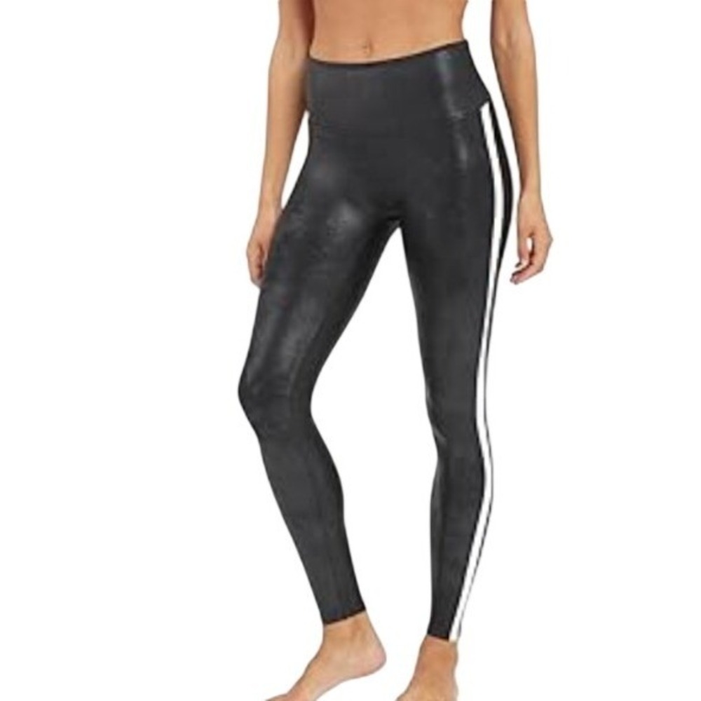 Spanx Faux Leather Side Stripe Leggings Black White High Waist Medium M 20251R